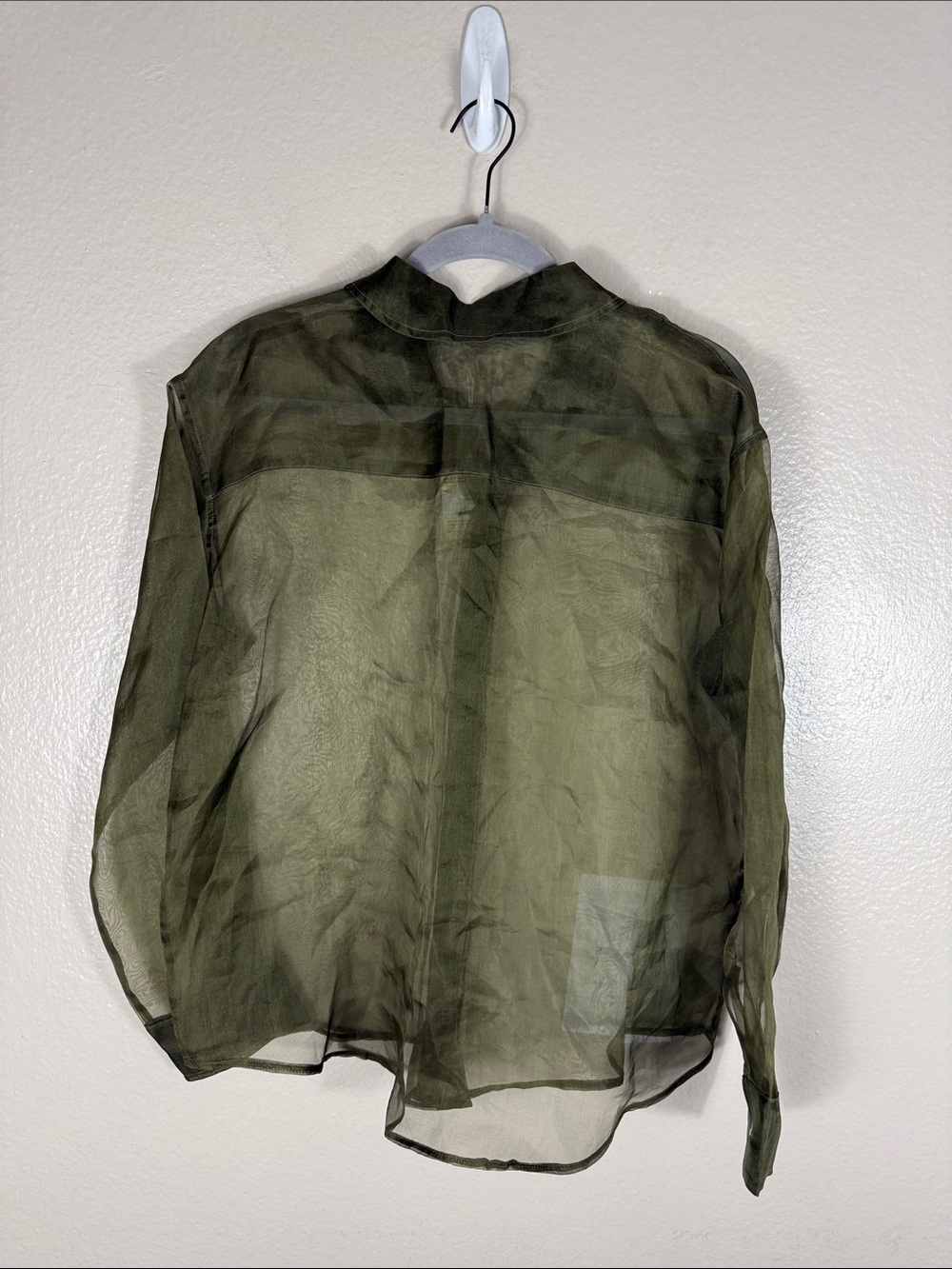 Donni. Sheer Button Down Shirt Top Silk Organza Olive - Picture 2 of 6